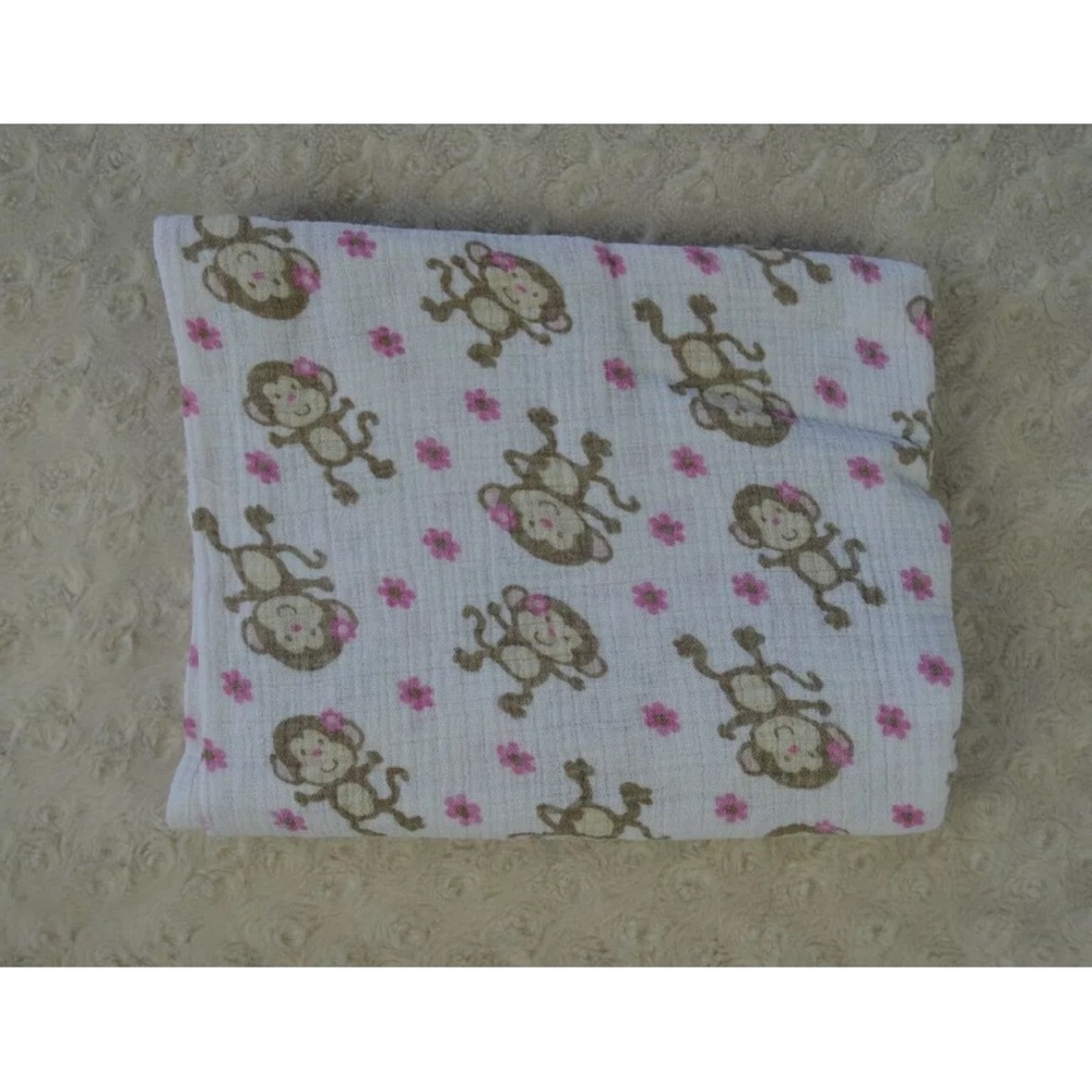 Chick Pea Monkey Baby Blanket Swaddle Muslin White Brown Tan Pink Flower